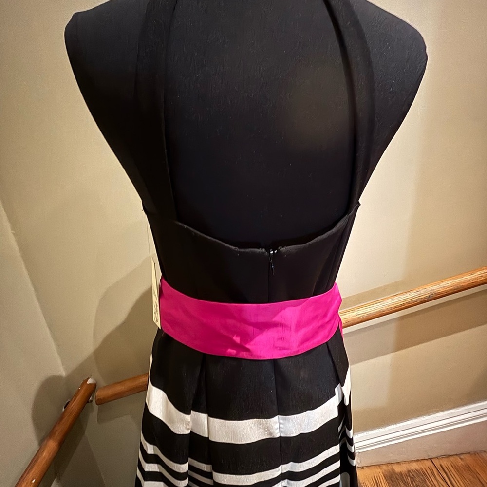 Black and White Striped Dress with Pink Accent, halter top with pockets.